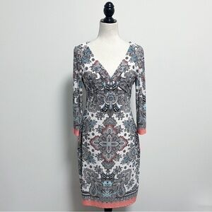 Boston Proper Ivory Black Peach V Neck 3/4 Sleeve Damask Print Sheath Dress 6